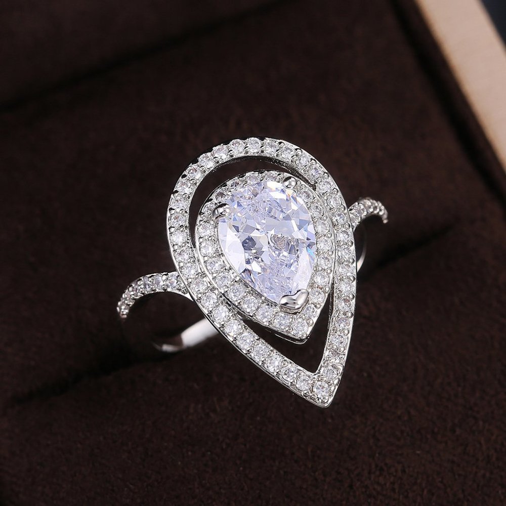 NEW 925 Silver Teardrop Pear Cut Double Halo Ring - Picture 2 of 9